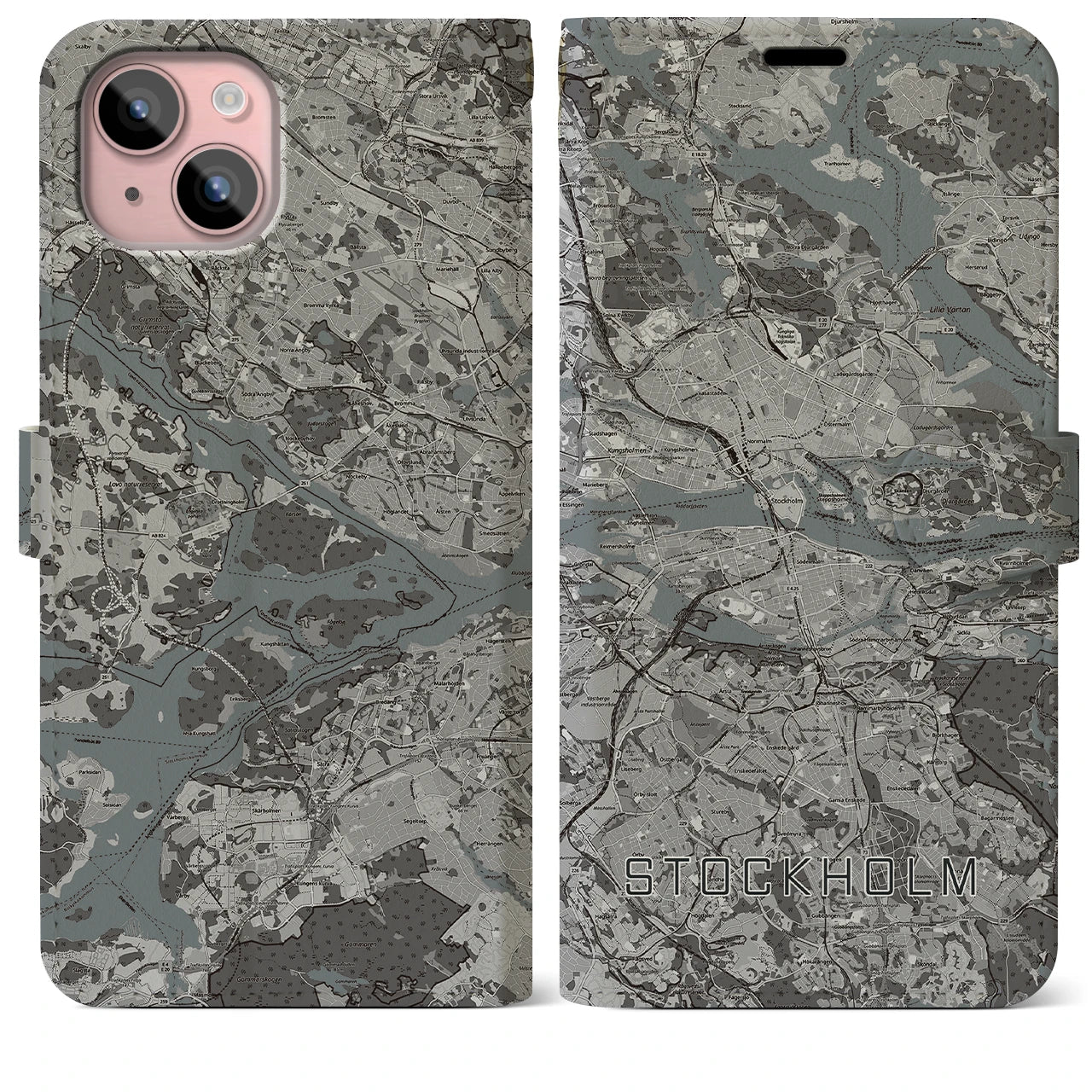【ストックホルム(スウェーデン)】地図柄iPhoneケース(手帳タイプ)モノトーン・iPhone 15 Plus 用