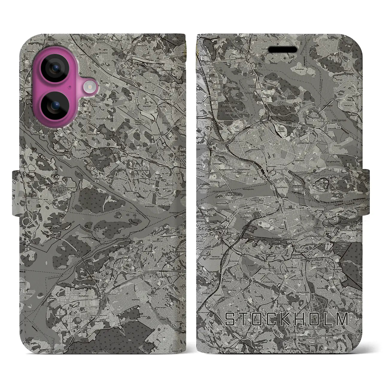 【ストックホルム(スウェーデン)】地図柄iPhoneケース(手帳タイプ)モノトーン・iPhone 16 Pro 用