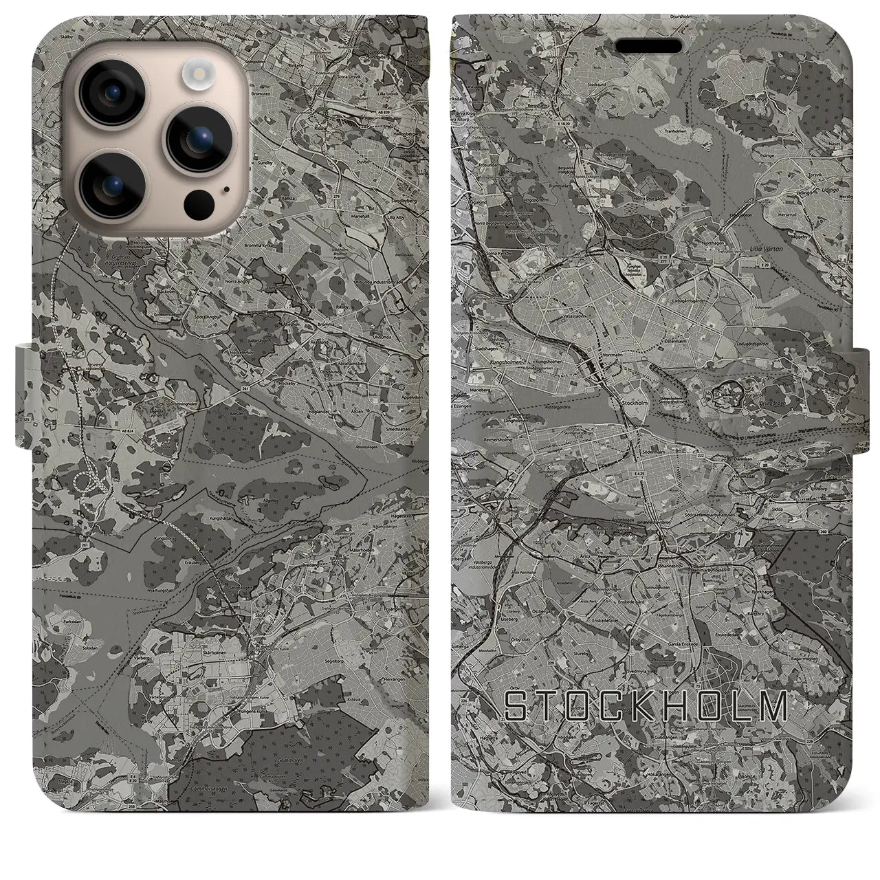 【ストックホルム(スウェーデン)】地図柄iPhoneケース(手帳タイプ)モノトーン・iPhone 16 Plus 用