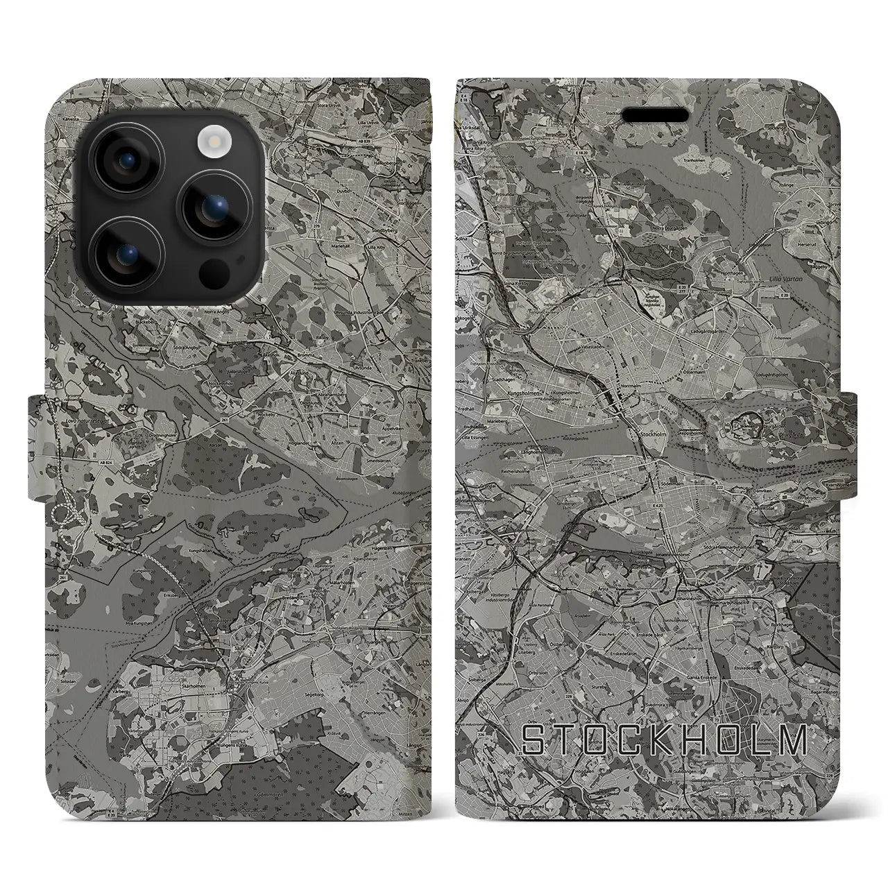 【ストックホルム(スウェーデン)】地図柄iPhoneケース(手帳タイプ)モノトーン・iPhone 16 用