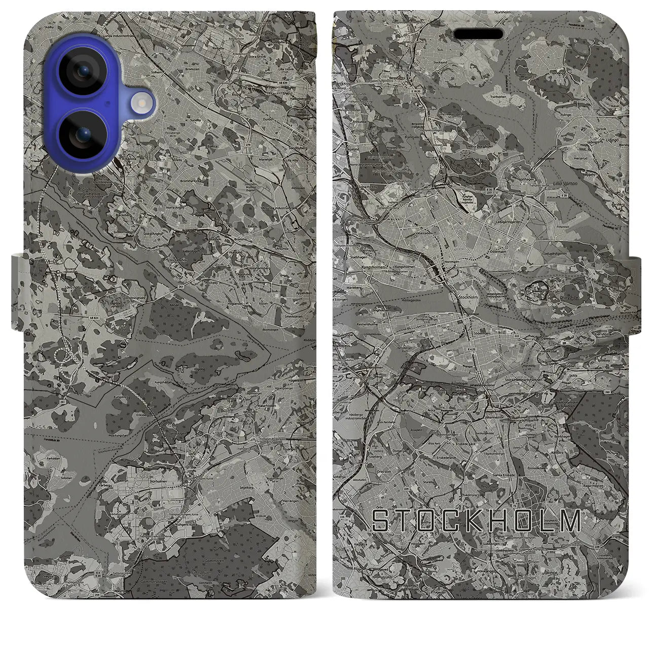【ストックホルム(スウェーデン)】地図柄iPhoneケース(手帳タイプ)モノトーン・iPhone 16 Pro Max 用