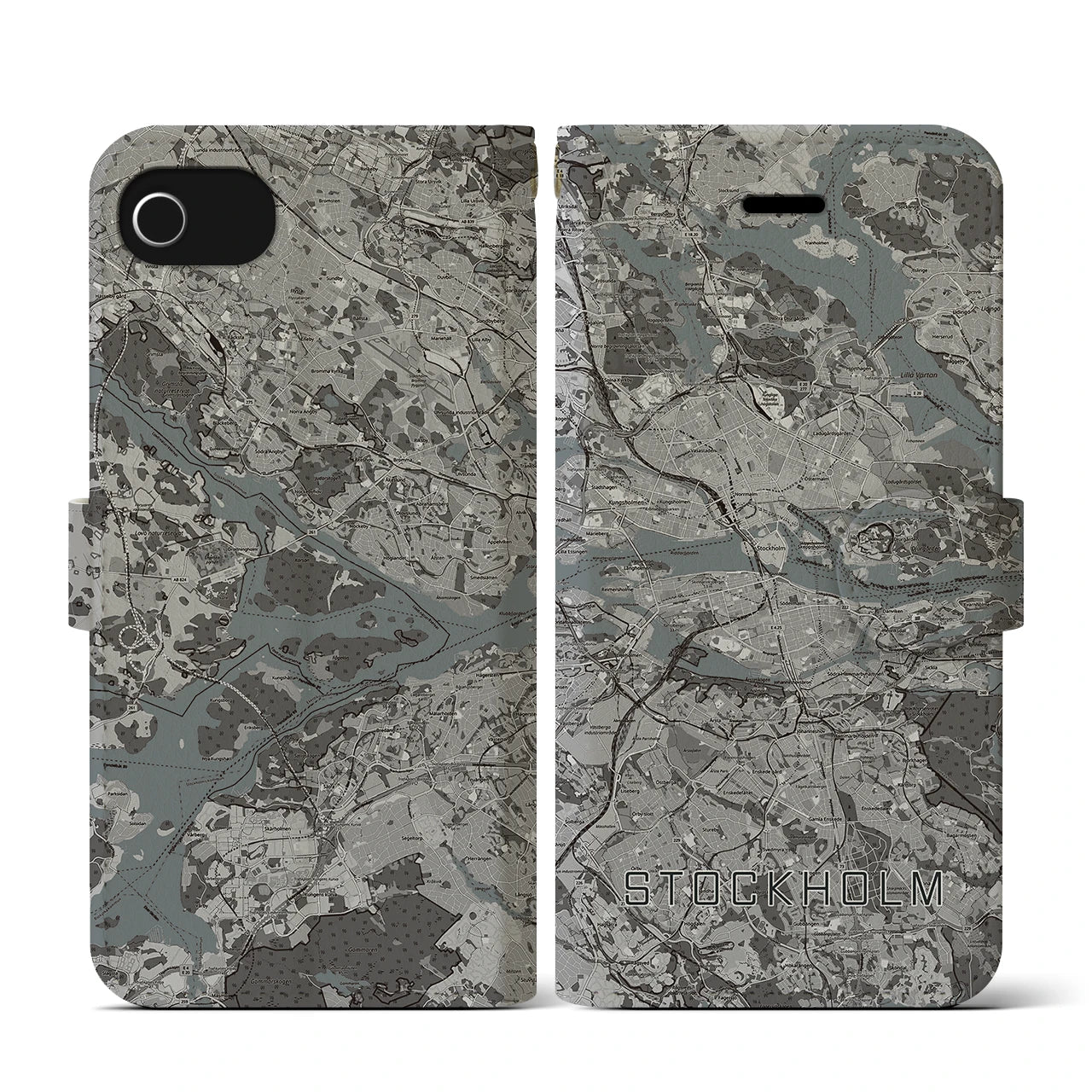 【ストックホルム(スウェーデン)】地図柄iPhoneケース(手帳タイプ)モノトーン・iPhone SE(第3 / 第2世代) / 8 / 7 / 6s / 6 用