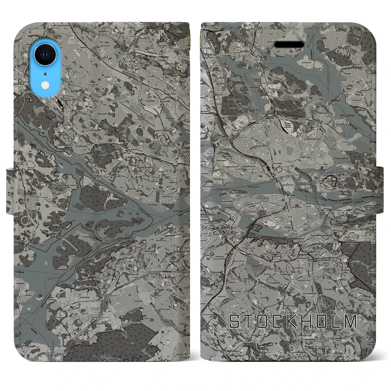 【ストックホルム(スウェーデン)】地図柄iPhoneケース(手帳タイプ)モノトーン・iPhone XR 用