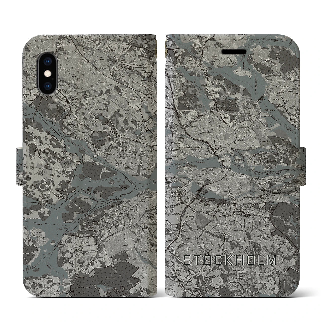 【ストックホルム(スウェーデン)】地図柄iPhoneケース(手帳タイプ)モノトーン・iPhone XS / X 用