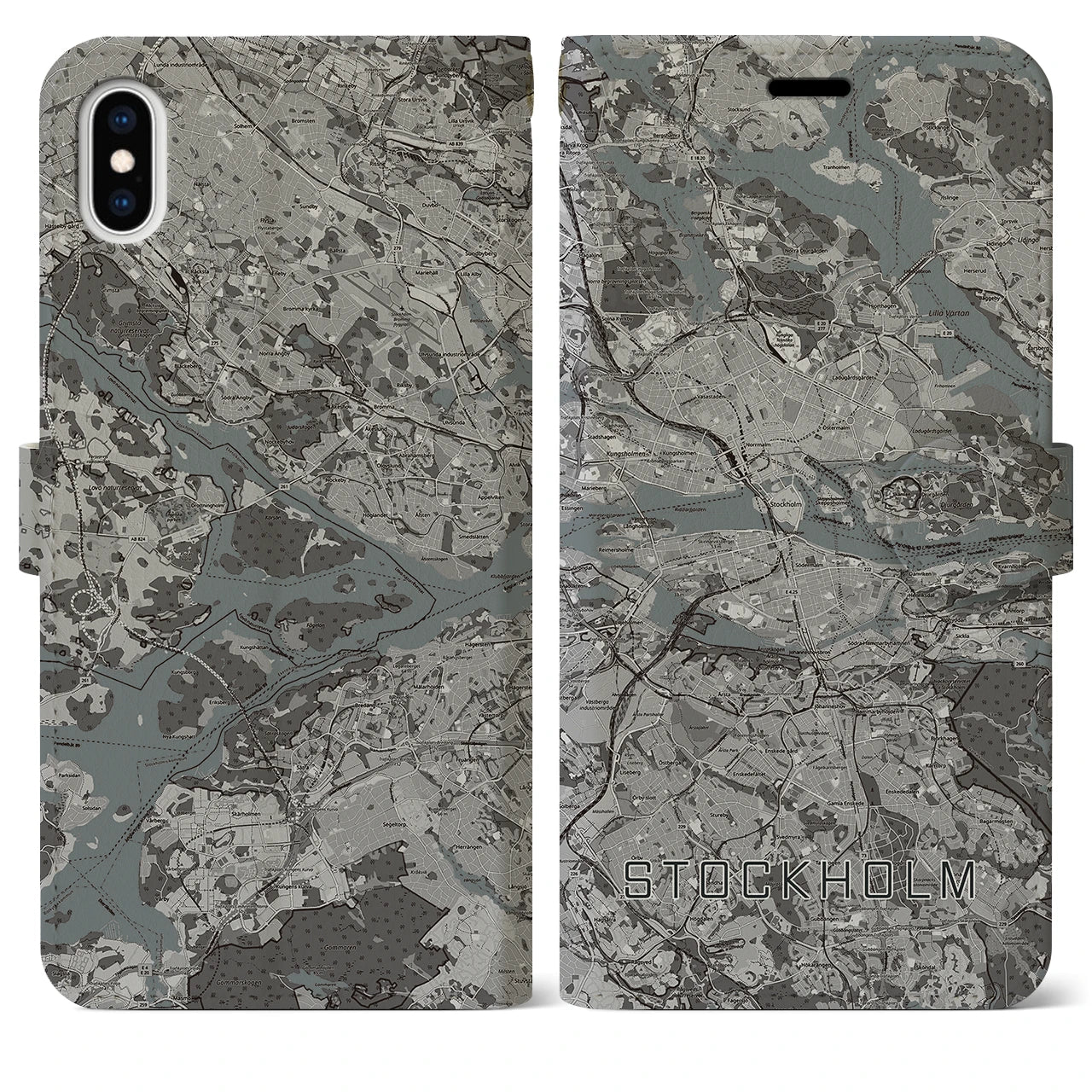 【ストックホルム(スウェーデン)】地図柄iPhoneケース(手帳タイプ)モノトーン・iPhone XS Max 用