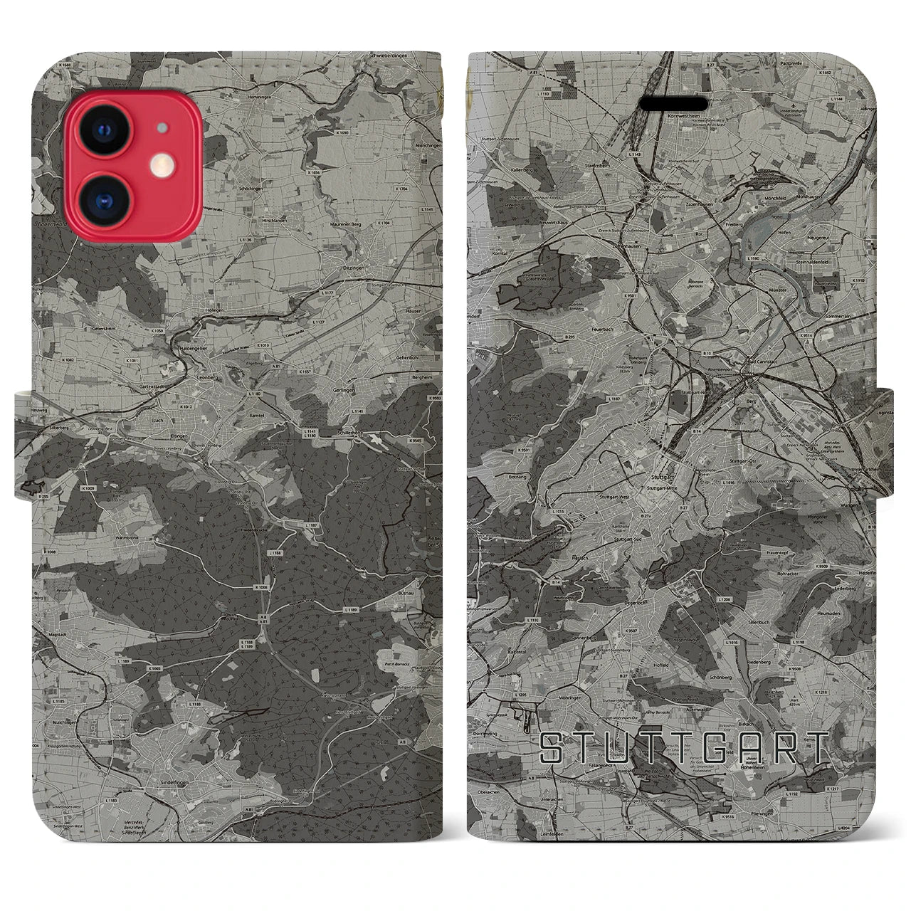 【シュトゥットガルト(ドイツ)】地図柄iPhoneケース(手帳タイプ)モノトーン・iPhone 11 用