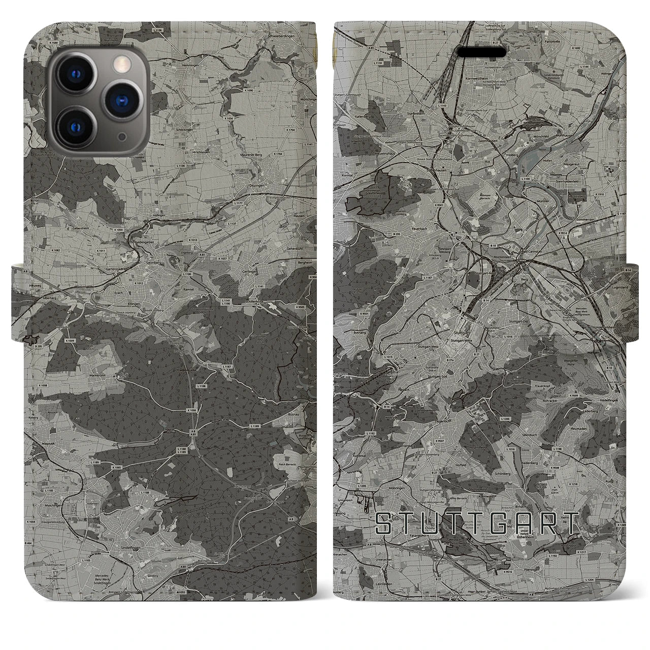 【シュトゥットガルト(ドイツ)】地図柄iPhoneケース(手帳タイプ)モノトーン・iPhone 11 Pro Max 用