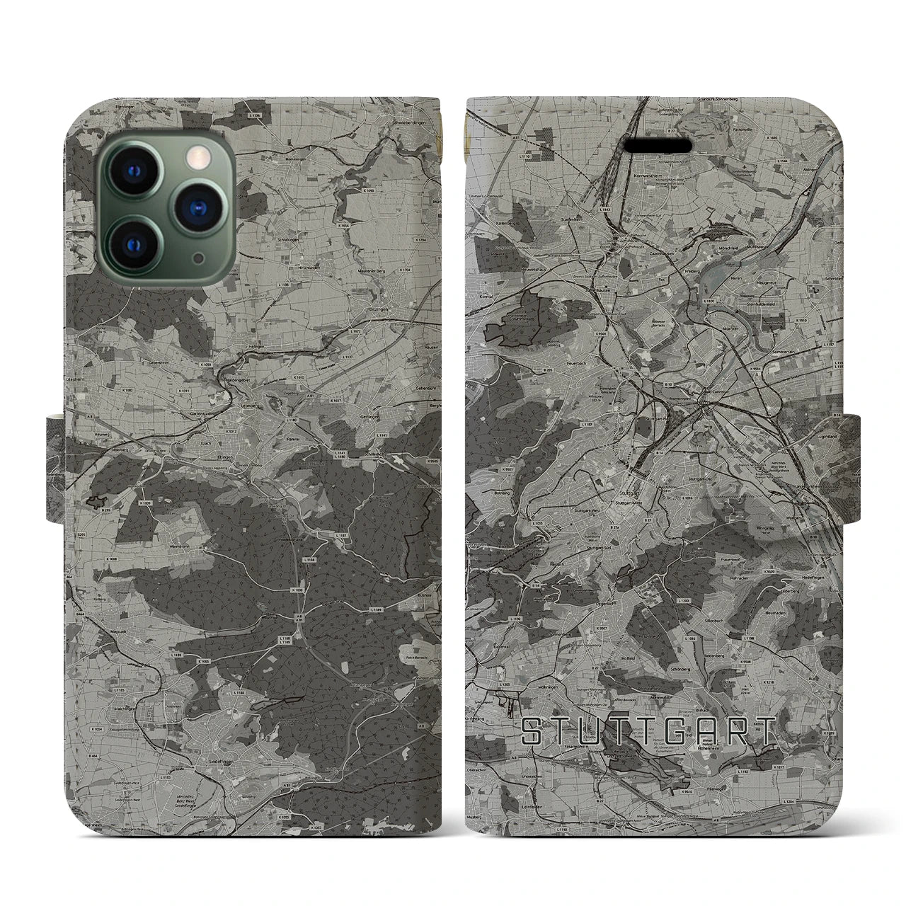 【シュトゥットガルト(ドイツ)】地図柄iPhoneケース(手帳タイプ)モノトーン・iPhone 11 Pro 用