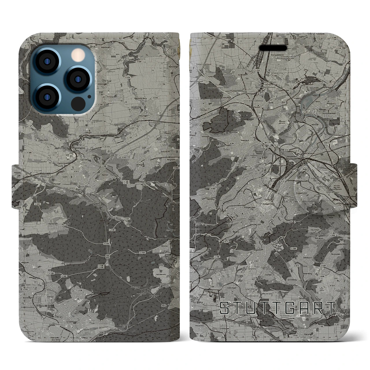 【シュトゥットガルト(ドイツ)】地図柄iPhoneケース(手帳タイプ)モノトーン・iPhone 12 / 12 Pro 用
