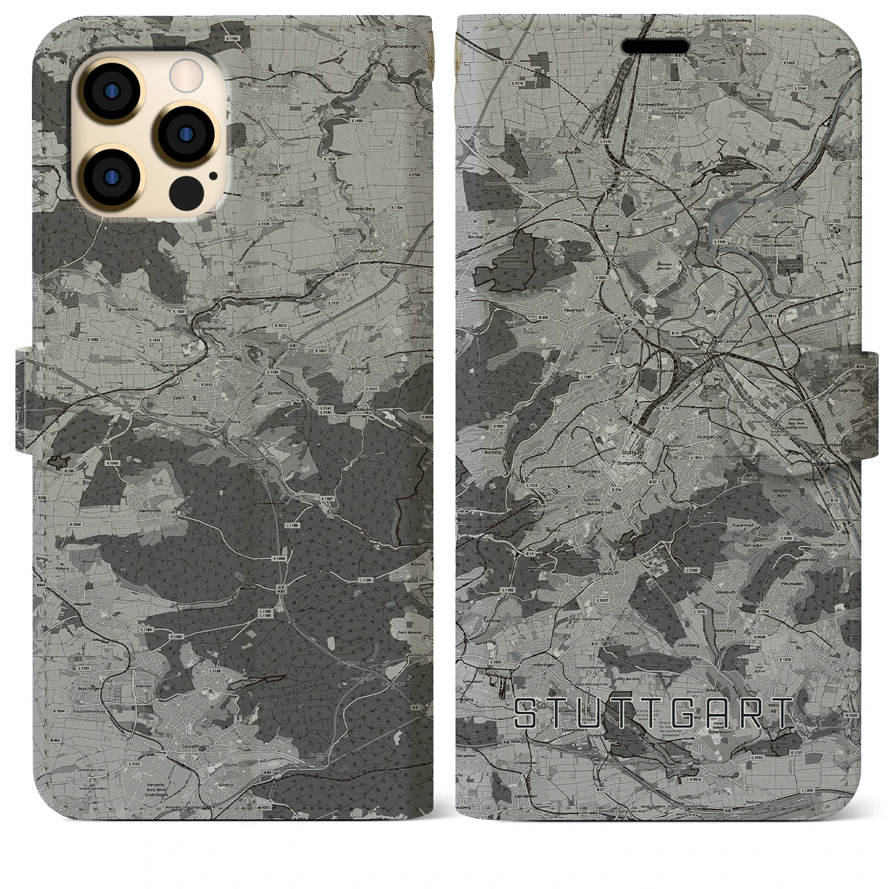 【シュトゥットガルト(ドイツ)】地図柄iPhoneケース(手帳タイプ)モノトーン・iPhone 12 Pro Max 用