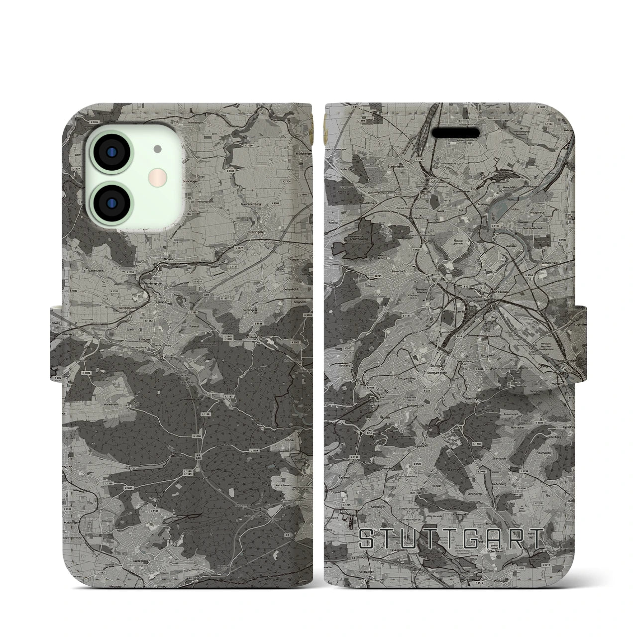 【シュトゥットガルト(ドイツ)】地図柄iPhoneケース(手帳タイプ)モノトーン・iPhone 12 mini 用