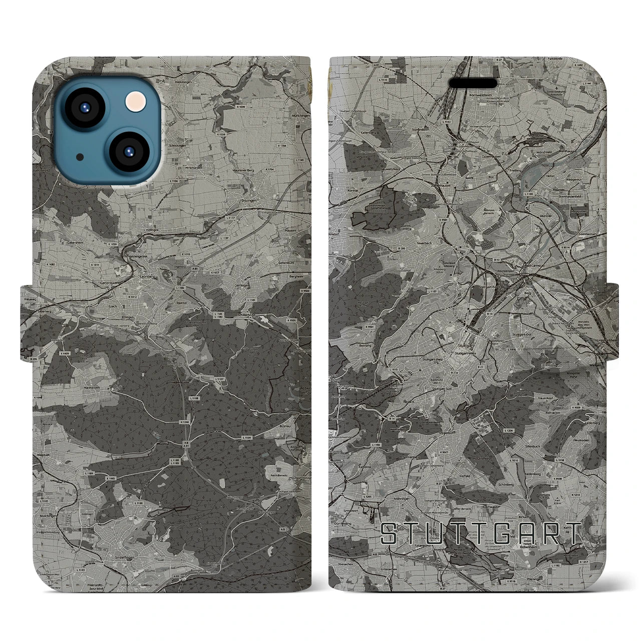 【シュトゥットガルト(ドイツ)】地図柄iPhoneケース(手帳タイプ)モノトーン・iPhone 13 用