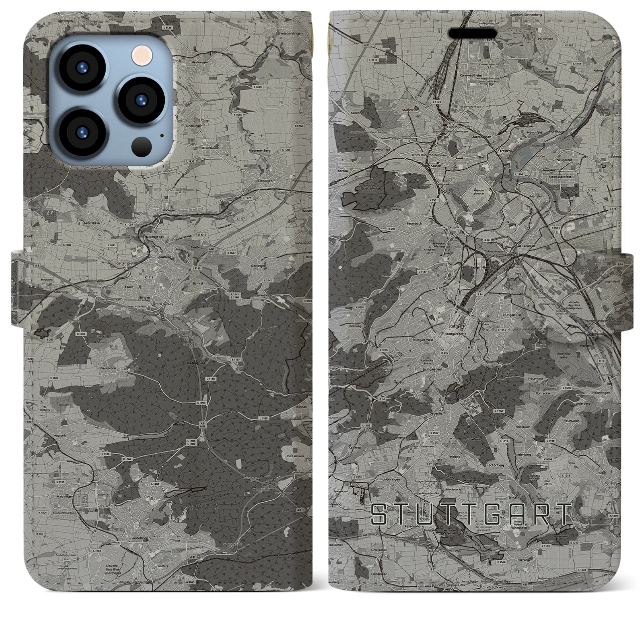 【シュトゥットガルト(ドイツ)】地図柄iPhoneケース(手帳タイプ)モノトーン・iPhone 13 Pro Max 用