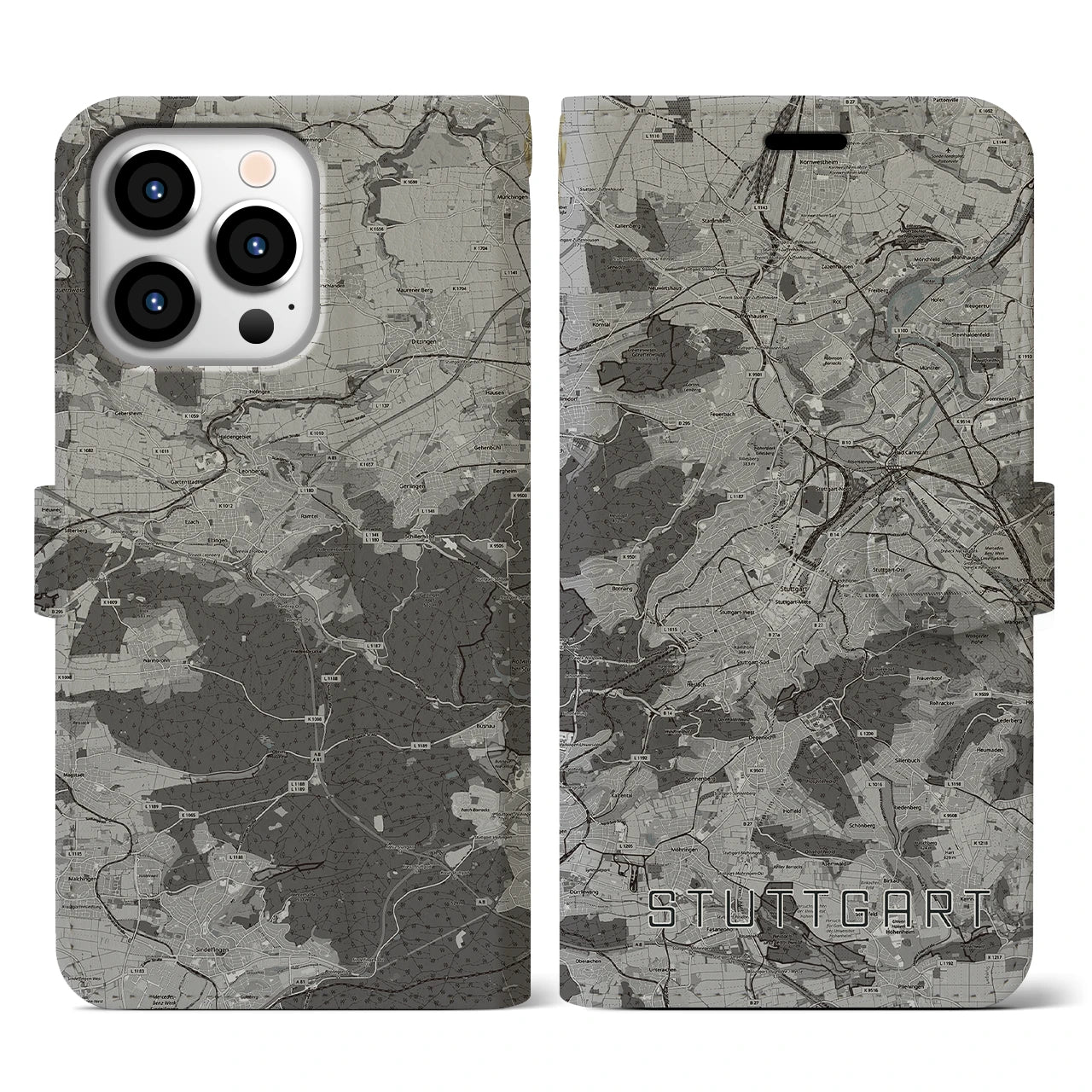 【シュトゥットガルト(ドイツ)】地図柄iPhoneケース(手帳タイプ)モノトーン・iPhone 13 Pro 用