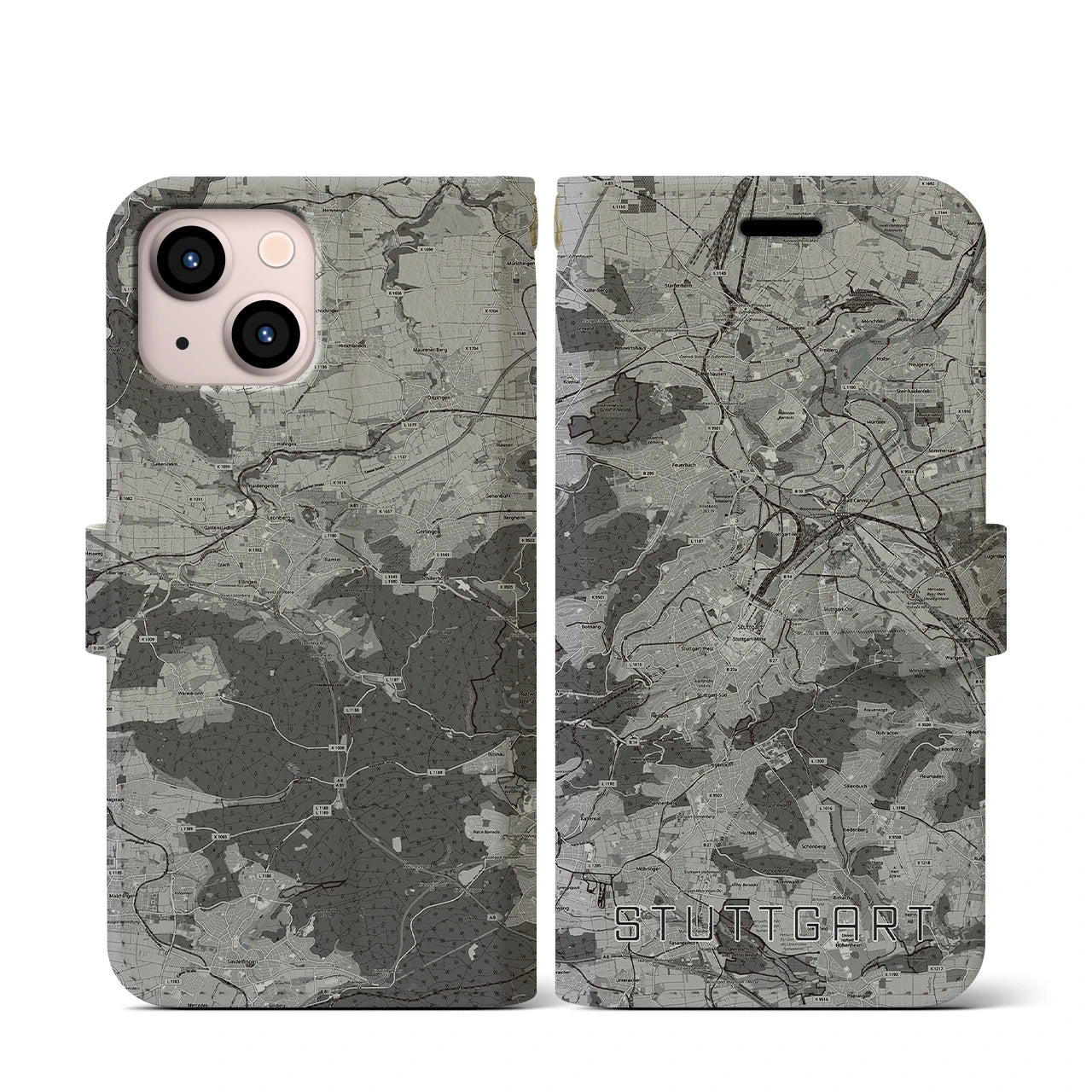 【シュトゥットガルト(ドイツ)】地図柄iPhoneケース(手帳タイプ)モノトーン・iPhone 13 mini 用