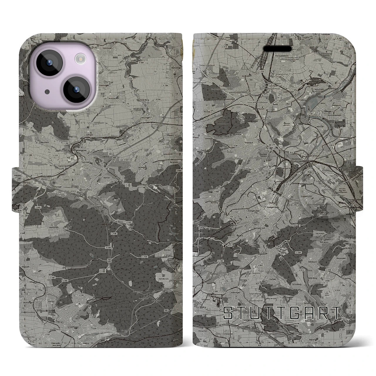 【シュトゥットガルト(ドイツ)】地図柄iPhoneケース(手帳タイプ)モノトーン・iPhone 14 用