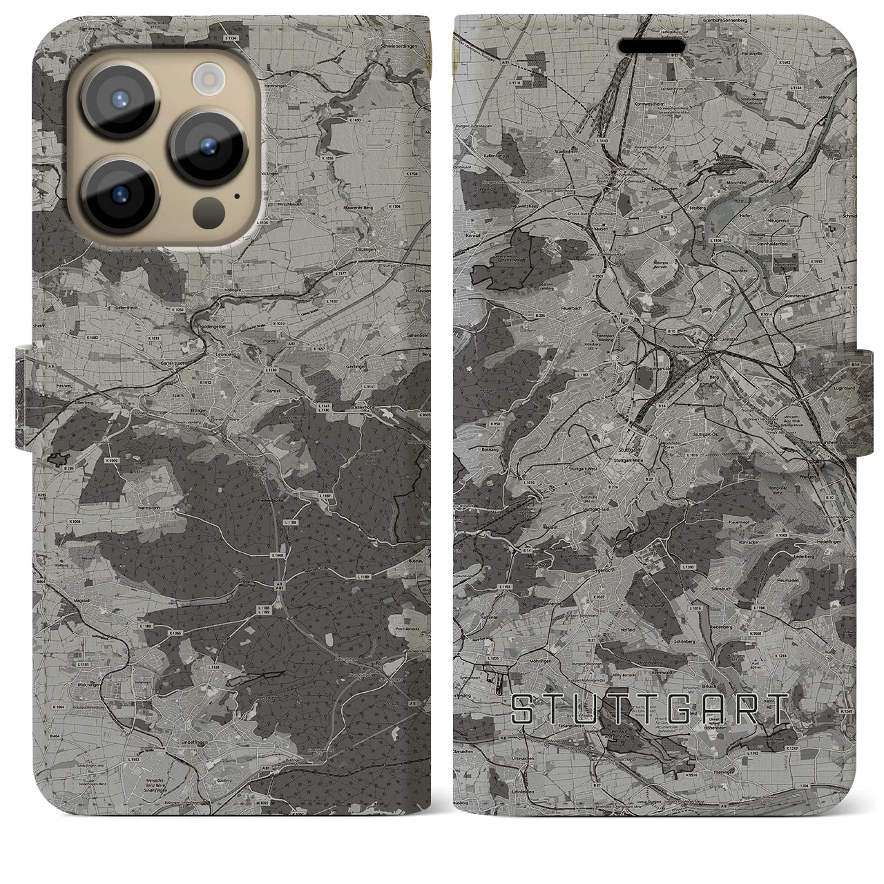 【シュトゥットガルト(ドイツ)】地図柄iPhoneケース(手帳タイプ)モノトーン・iPhone 14 Pro Max 用