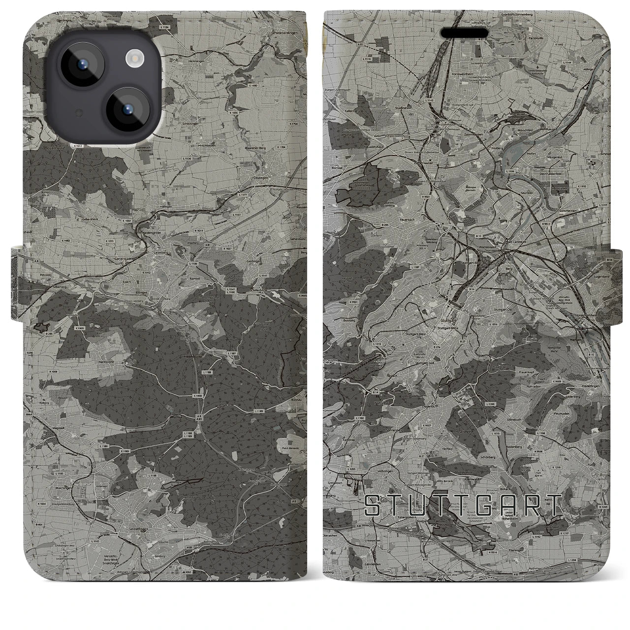 【シュトゥットガルト(ドイツ)】地図柄iPhoneケース(手帳タイプ)モノトーン・iPhone 14 Plus 用
