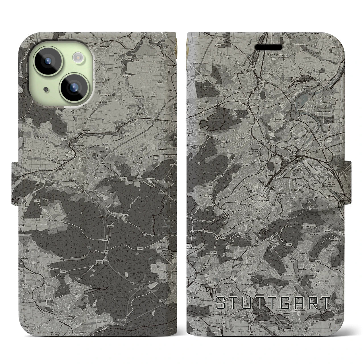 【シュトゥットガルト(ドイツ)】地図柄iPhoneケース(手帳タイプ)モノトーン・iPhone 15 用