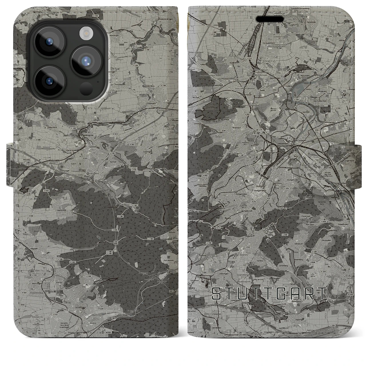【シュトゥットガルト(ドイツ)】地図柄iPhoneケース(手帳タイプ)モノトーン・iPhone 15 Pro Max 用