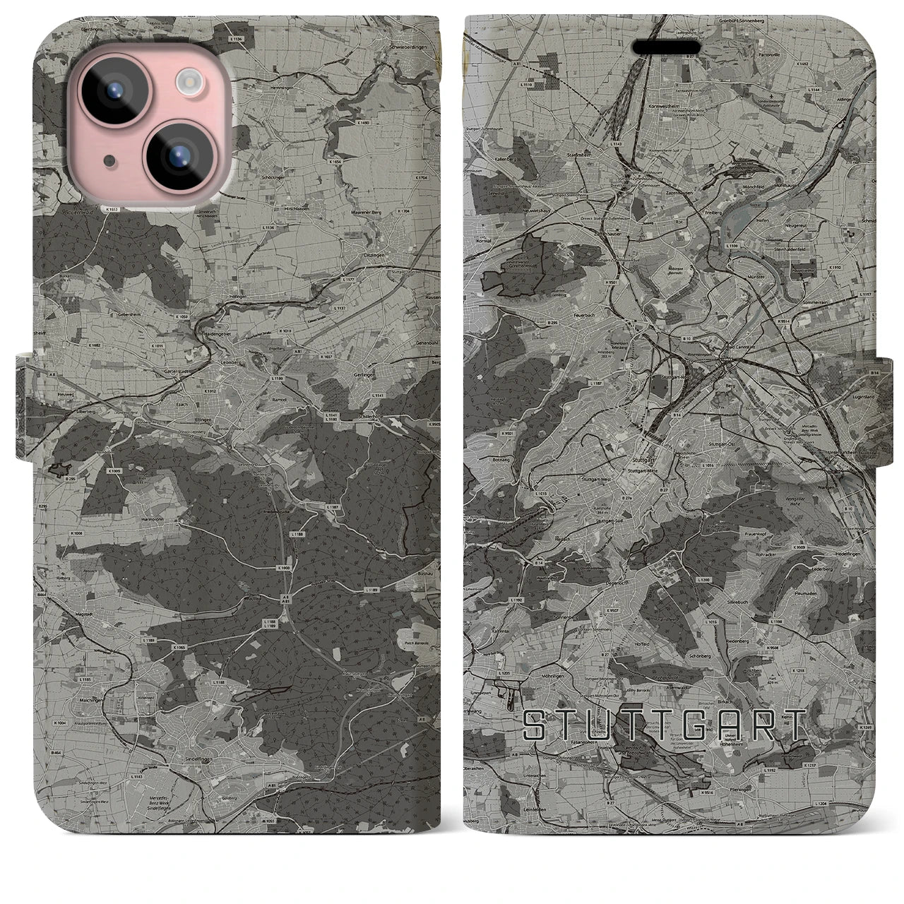 【シュトゥットガルト(ドイツ)】地図柄iPhoneケース(手帳タイプ)モノトーン・iPhone 15 Plus 用