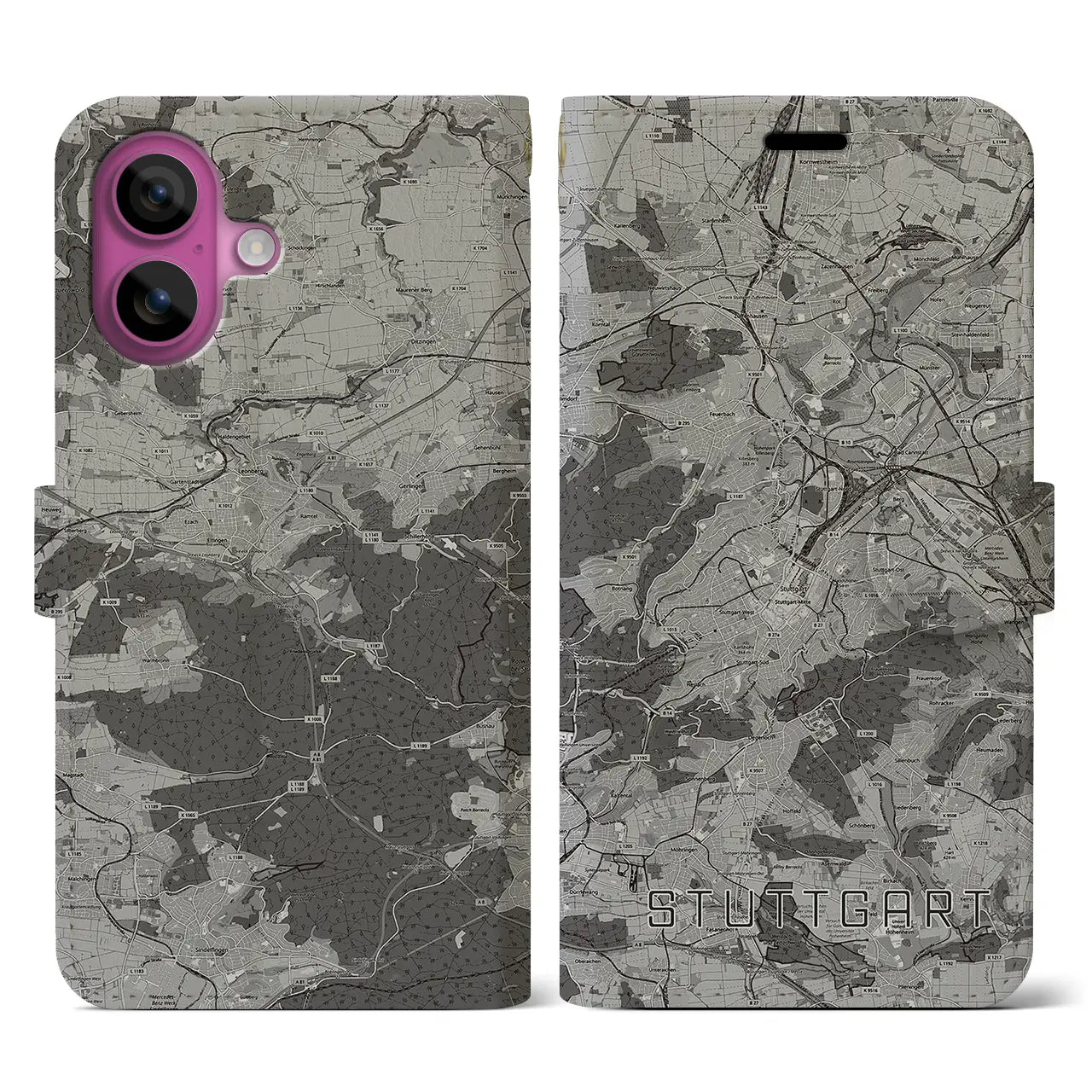【シュトゥットガルト(ドイツ)】地図柄iPhoneケース(手帳タイプ)モノトーン・iPhone 16 Pro 用