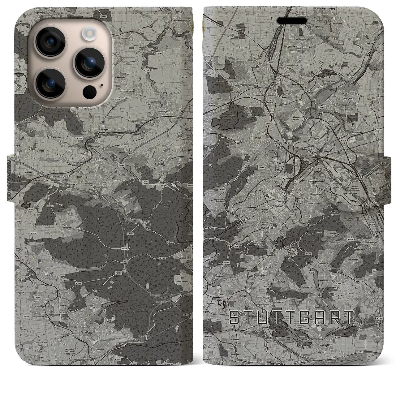 【シュトゥットガルト(ドイツ)】地図柄iPhoneケース(手帳タイプ)モノトーン・iPhone 16 Plus 用