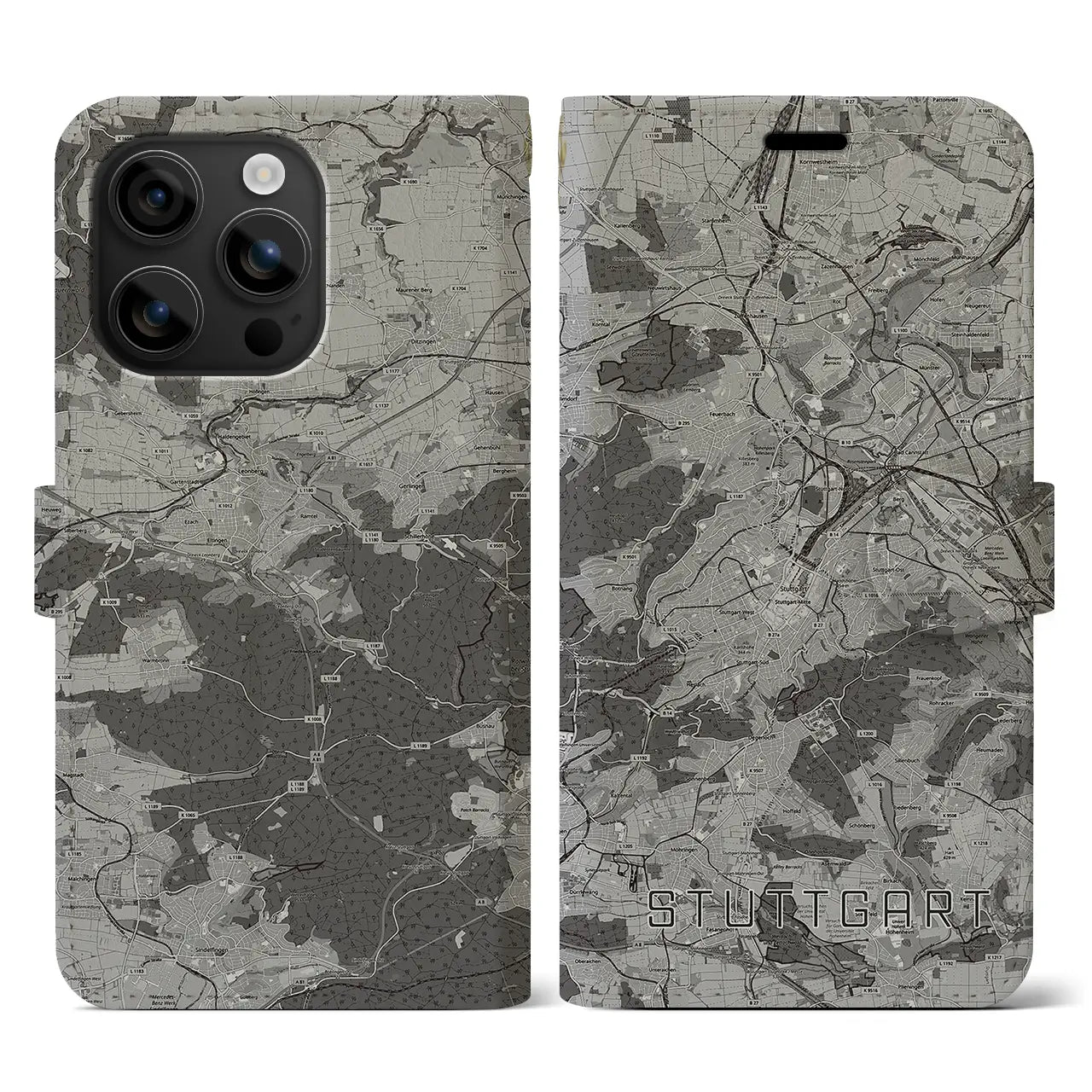 【シュトゥットガルト(ドイツ)】地図柄iPhoneケース(手帳タイプ)モノトーン・iPhone 16 用