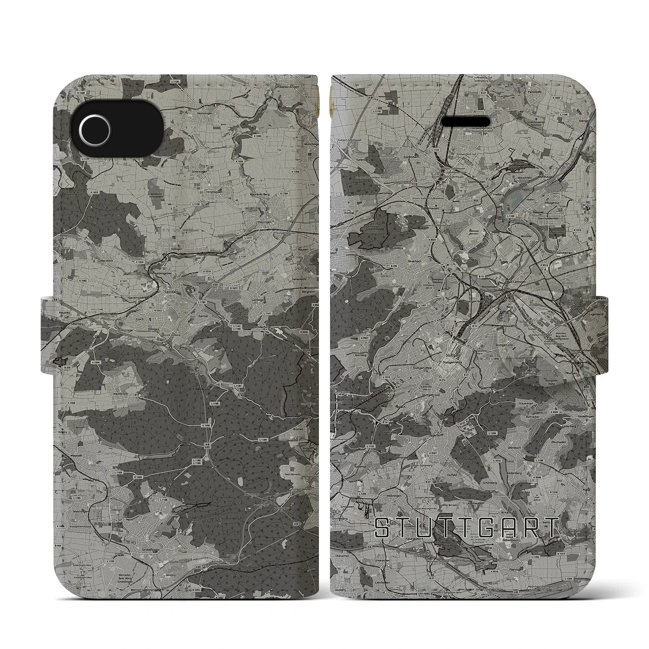 【シュトゥットガルト(ドイツ)】地図柄iPhoneケース(手帳タイプ)モノトーン・iPhone SE(第3 / 第2世代) / 8 / 7 / 6s / 6 用