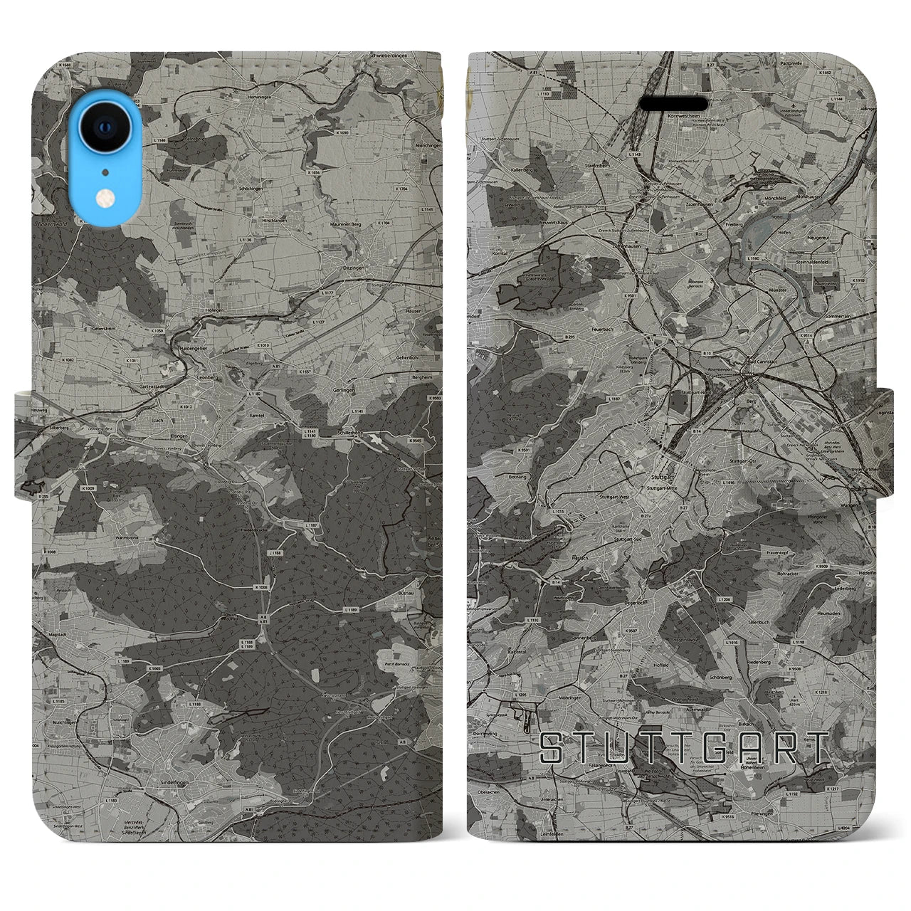 【シュトゥットガルト(ドイツ)】地図柄iPhoneケース(手帳タイプ)モノトーン・iPhone XR 用