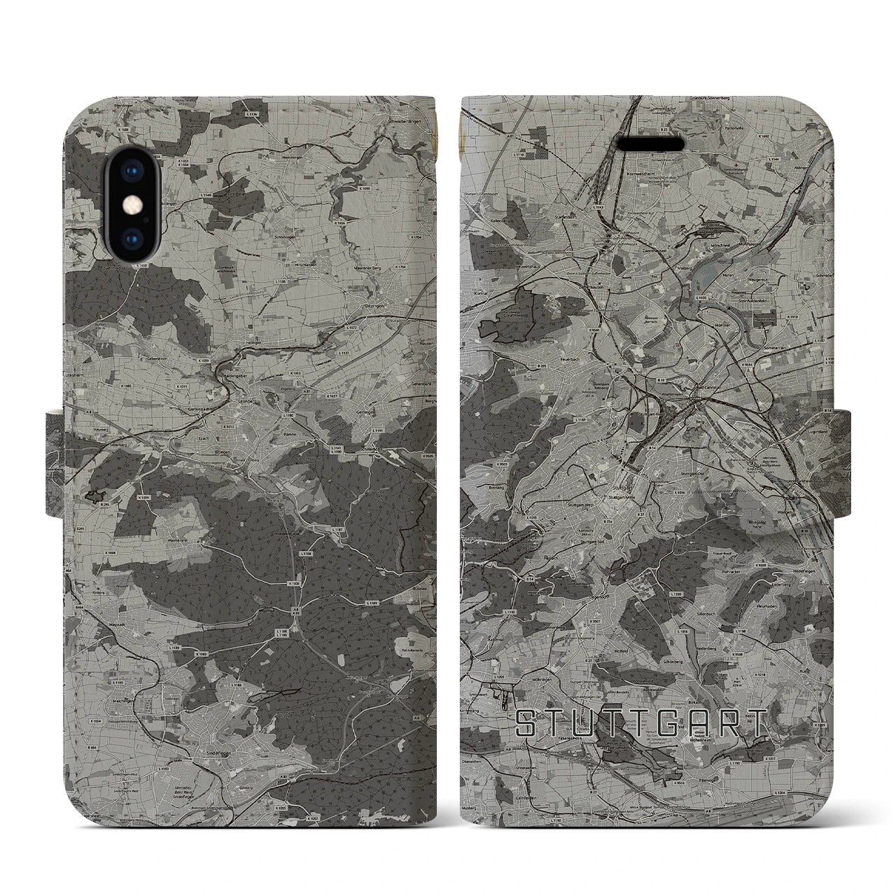【シュトゥットガルト(ドイツ)】地図柄iPhoneケース(手帳タイプ)モノトーン・iPhone XS / X 用