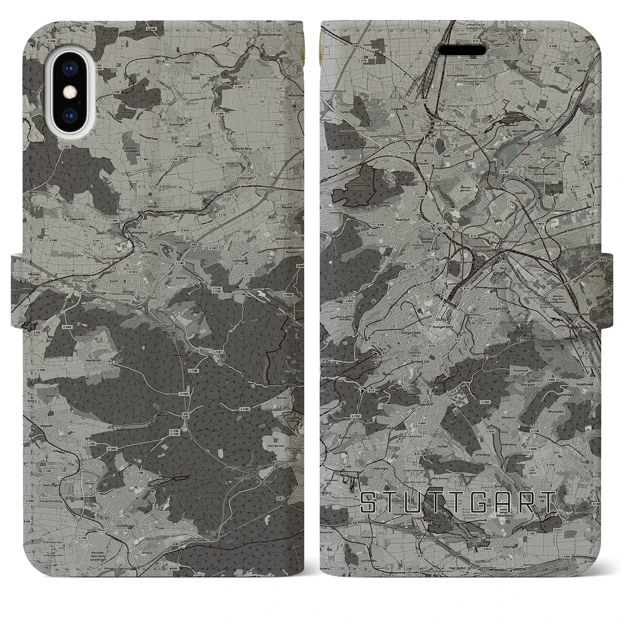 【シュトゥットガルト(ドイツ)】地図柄iPhoneケース(手帳タイプ)モノトーン・iPhone XS Max 用
