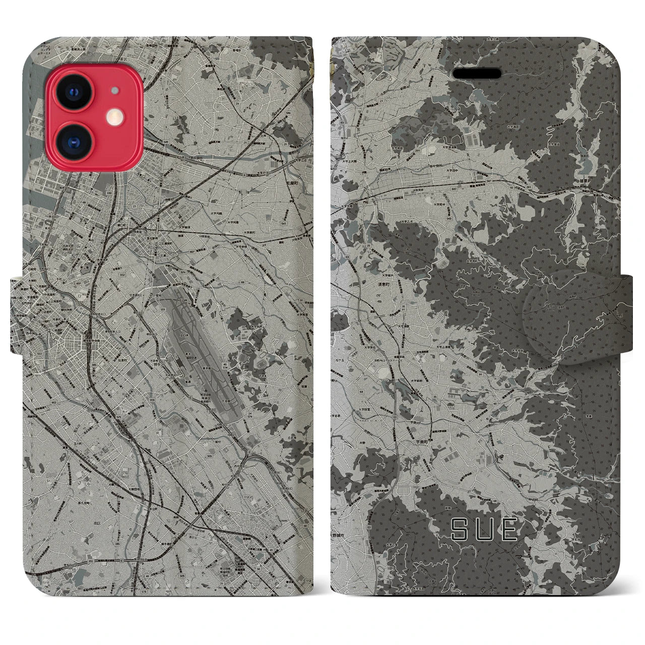 【須恵(福岡県)】地図柄iPhoneケース(手帳タイプ)モノトーン・iPhone 11 用
