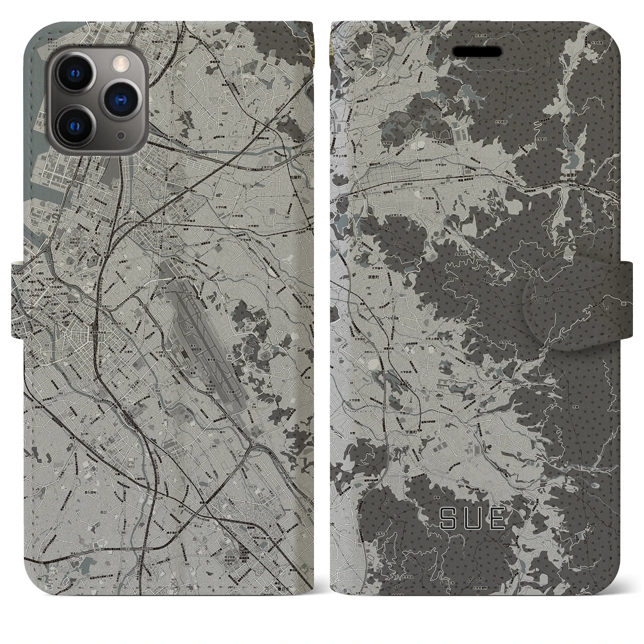【須恵(福岡県)】地図柄iPhoneケース(手帳タイプ)モノトーン・iPhone 11 Pro Max 用