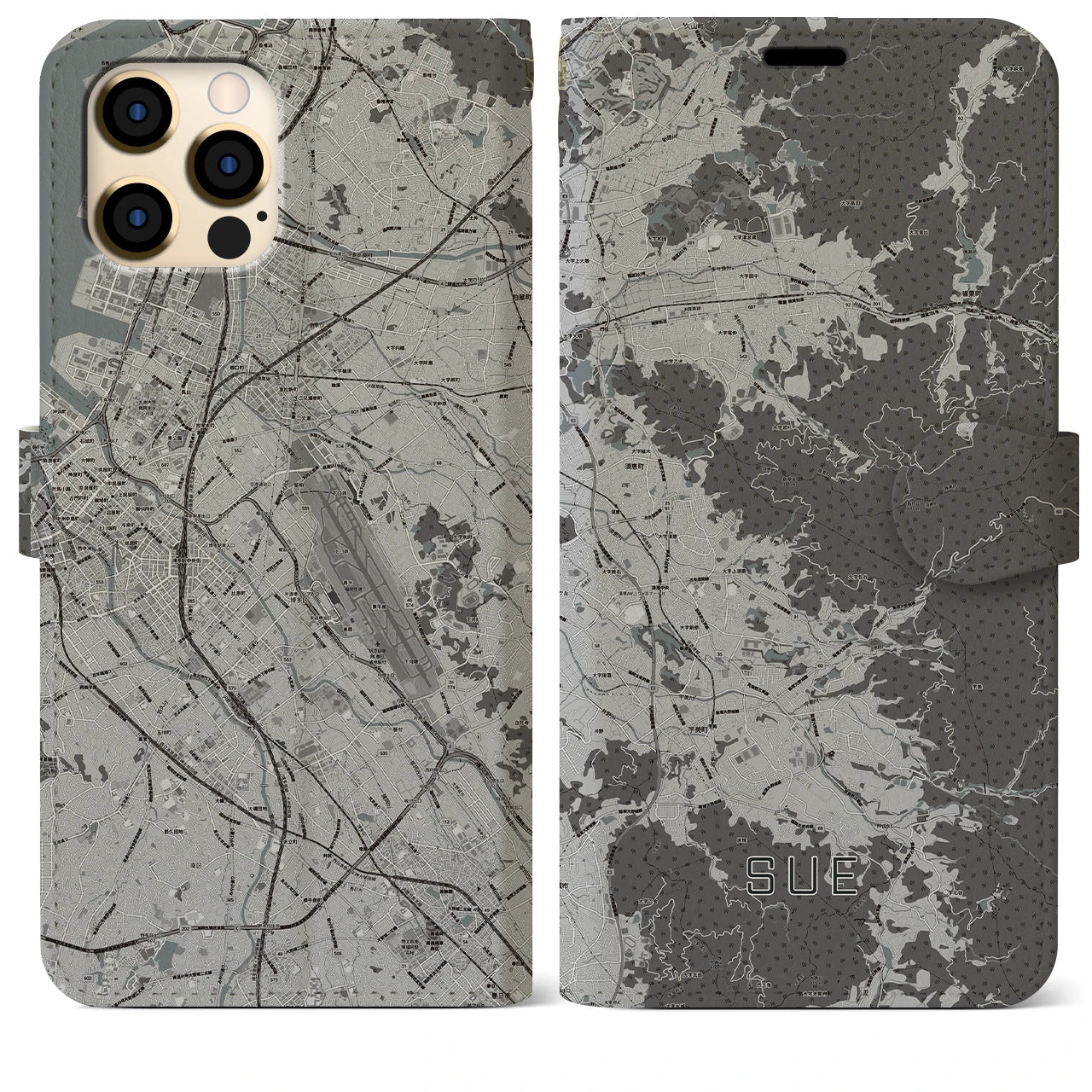 【須恵(福岡県)】地図柄iPhoneケース(手帳タイプ)モノトーン・iPhone 12 Pro Max 用