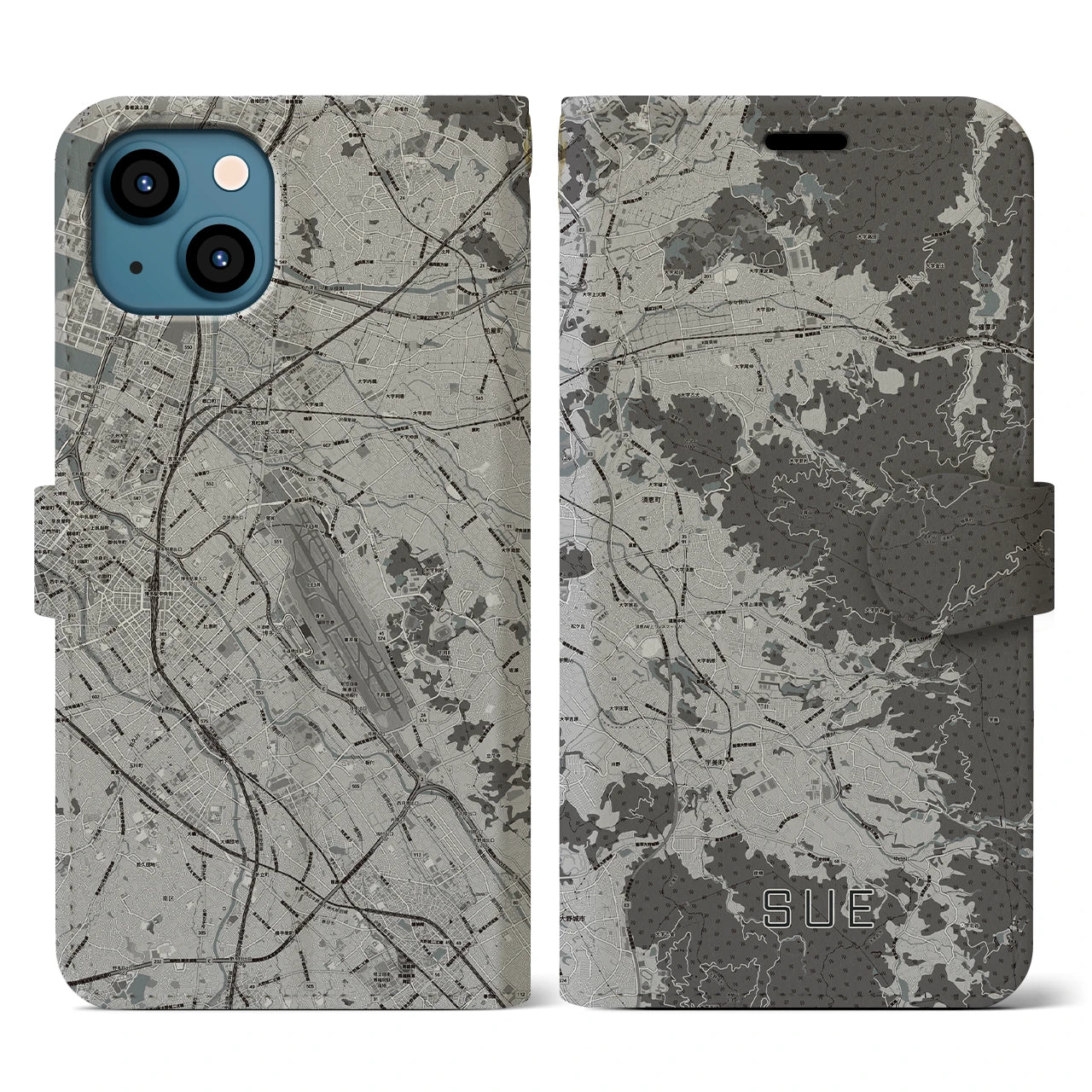 【須恵(福岡県)】地図柄iPhoneケース(手帳タイプ)モノトーン・iPhone 13 用