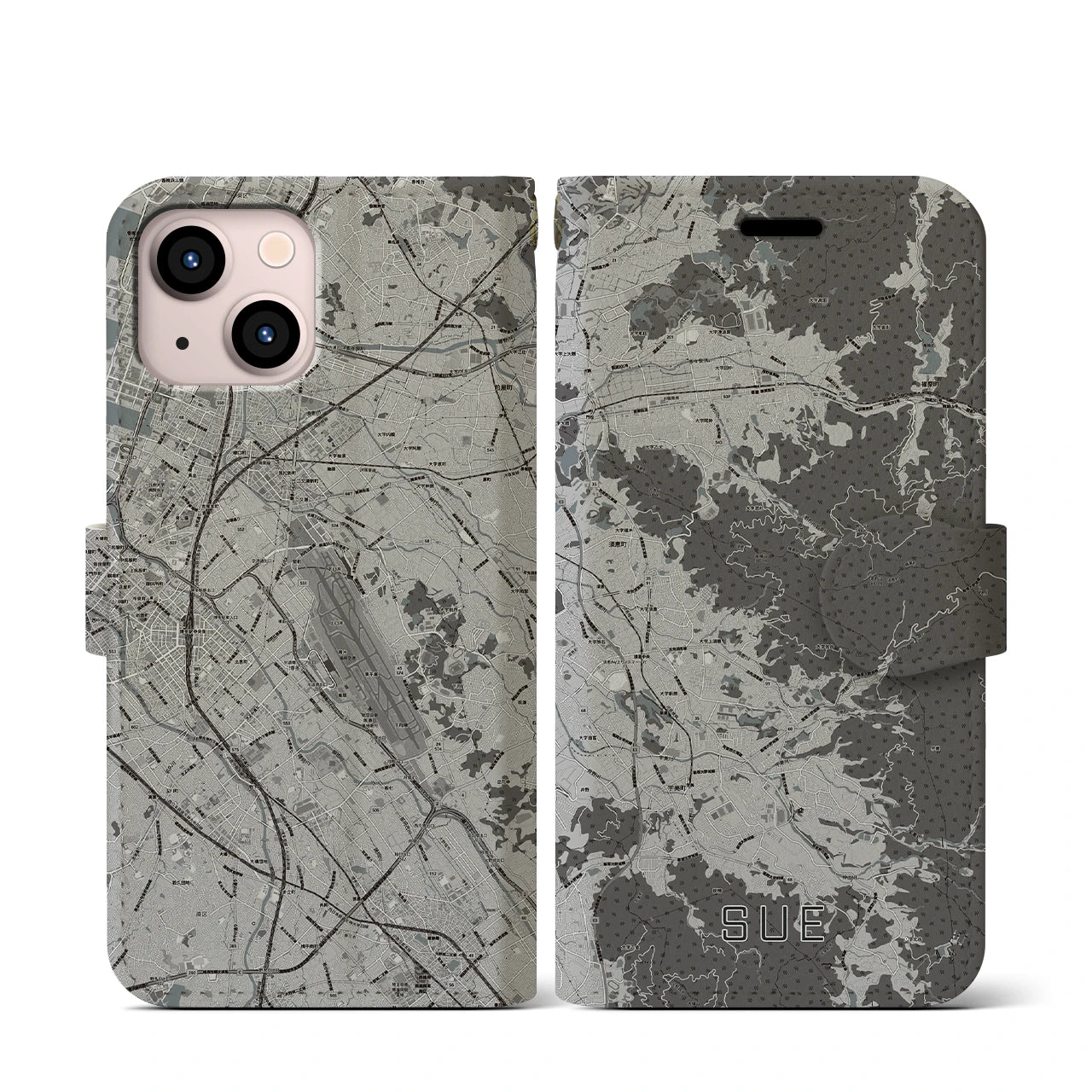 【須恵(福岡県)】地図柄iPhoneケース(手帳タイプ)モノトーン・iPhone 13 mini 用