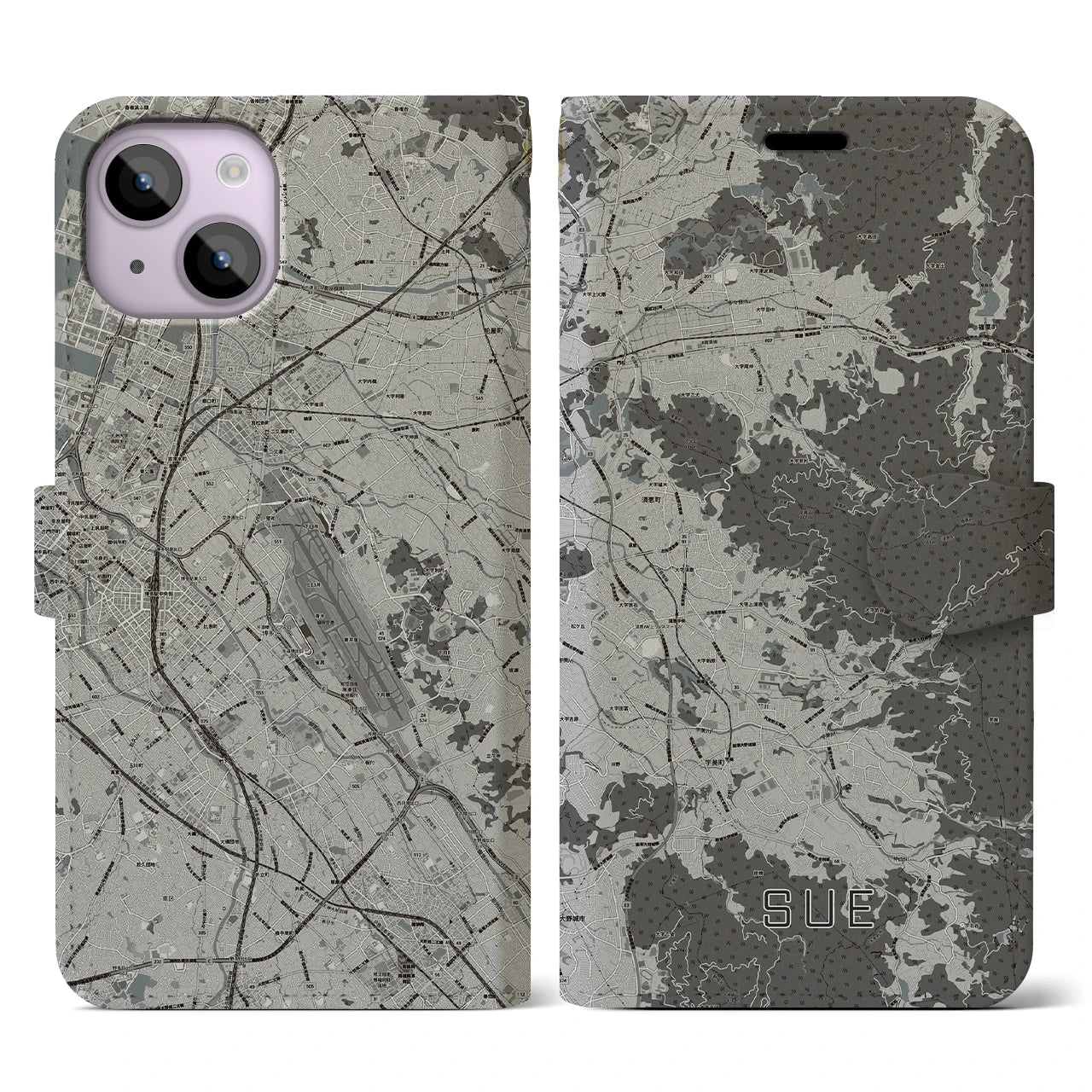 【須恵(福岡県)】地図柄iPhoneケース(手帳タイプ)モノトーン・iPhone 14 用