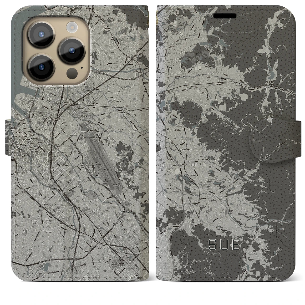 【須恵(福岡県)】地図柄iPhoneケース(手帳タイプ)モノトーン・iPhone 14 Pro Max 用