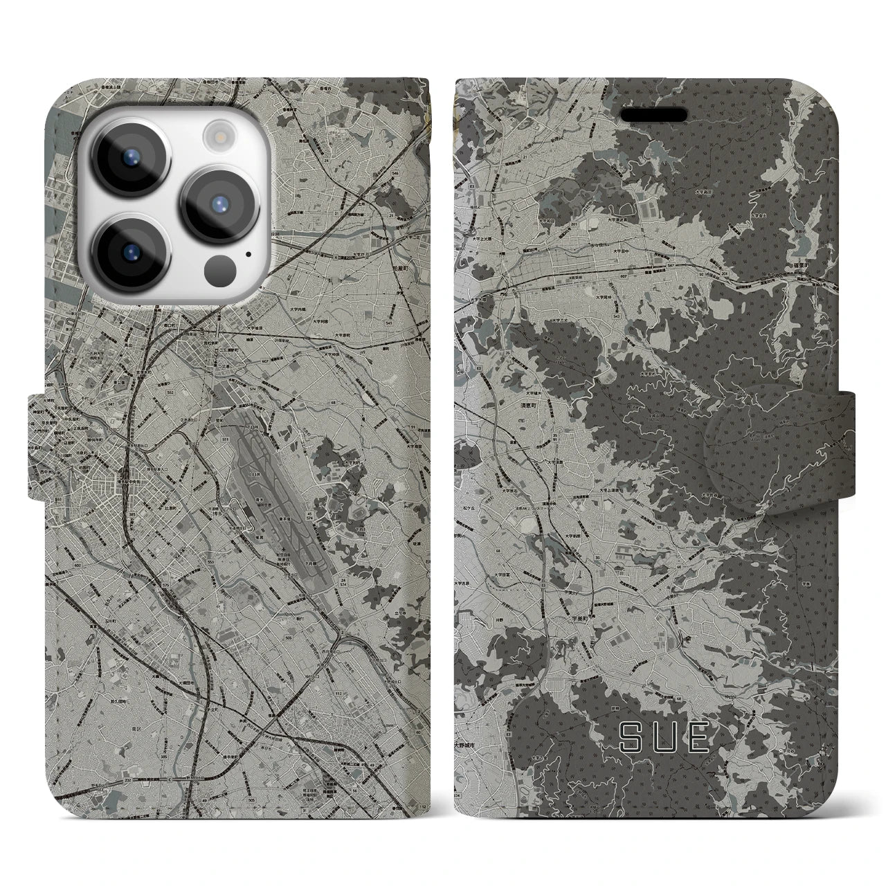 【須恵(福岡県)】地図柄iPhoneケース(手帳タイプ)モノトーン・iPhone 14 Pro 用