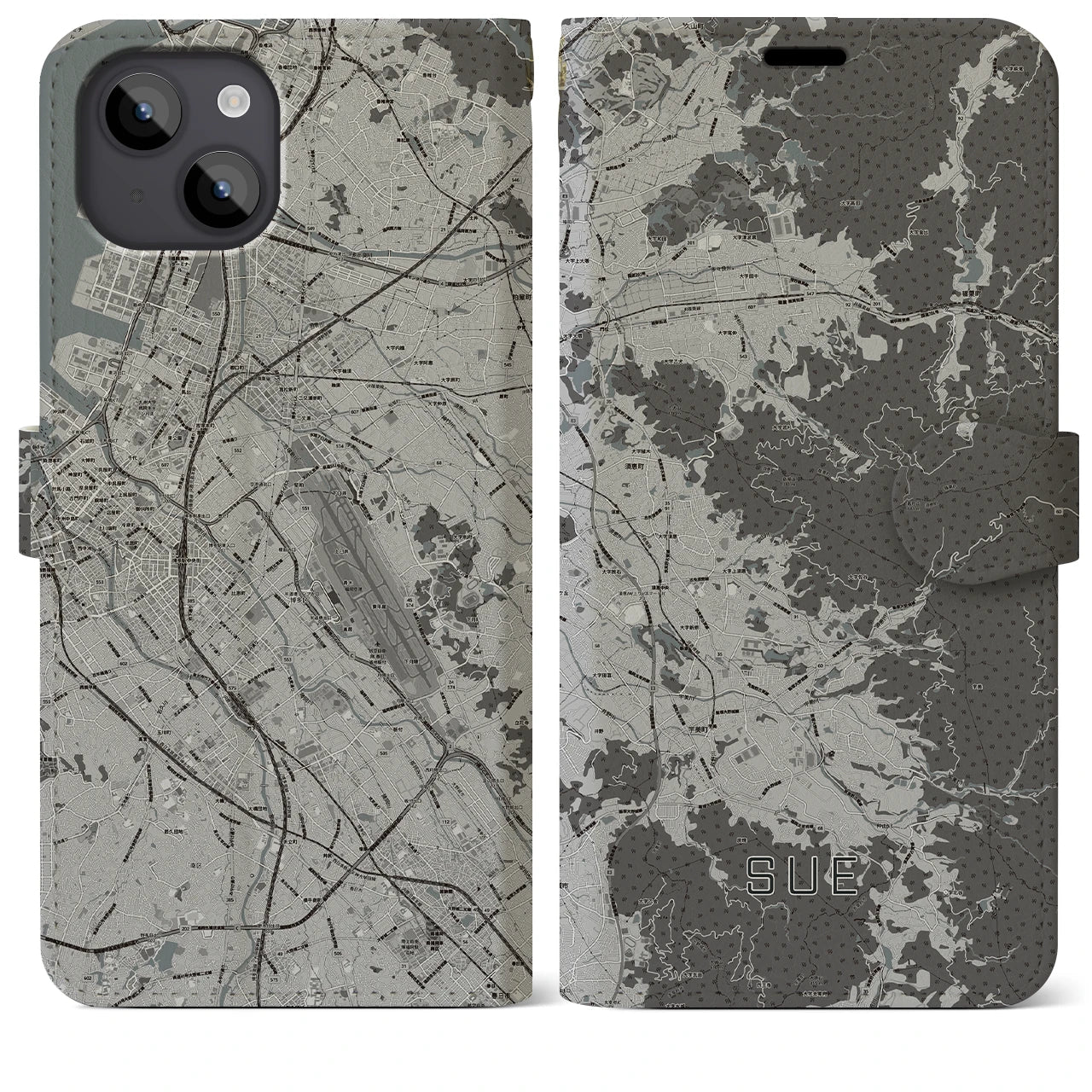 【須恵(福岡県)】地図柄iPhoneケース(手帳タイプ)モノトーン・iPhone 14 Plus 用