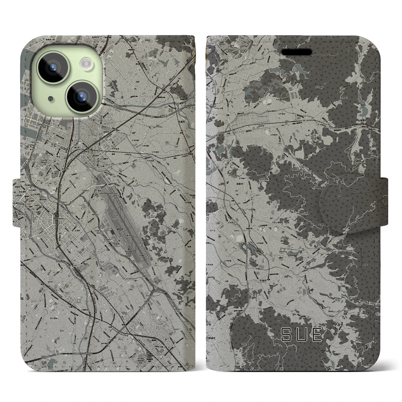 【須恵(福岡県)】地図柄iPhoneケース(手帳タイプ)モノトーン・iPhone 15 用