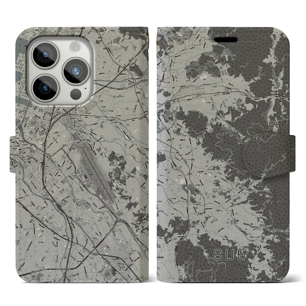 【須恵(福岡県)】地図柄iPhoneケース(手帳タイプ)モノトーン・iPhone 15 Pro 用