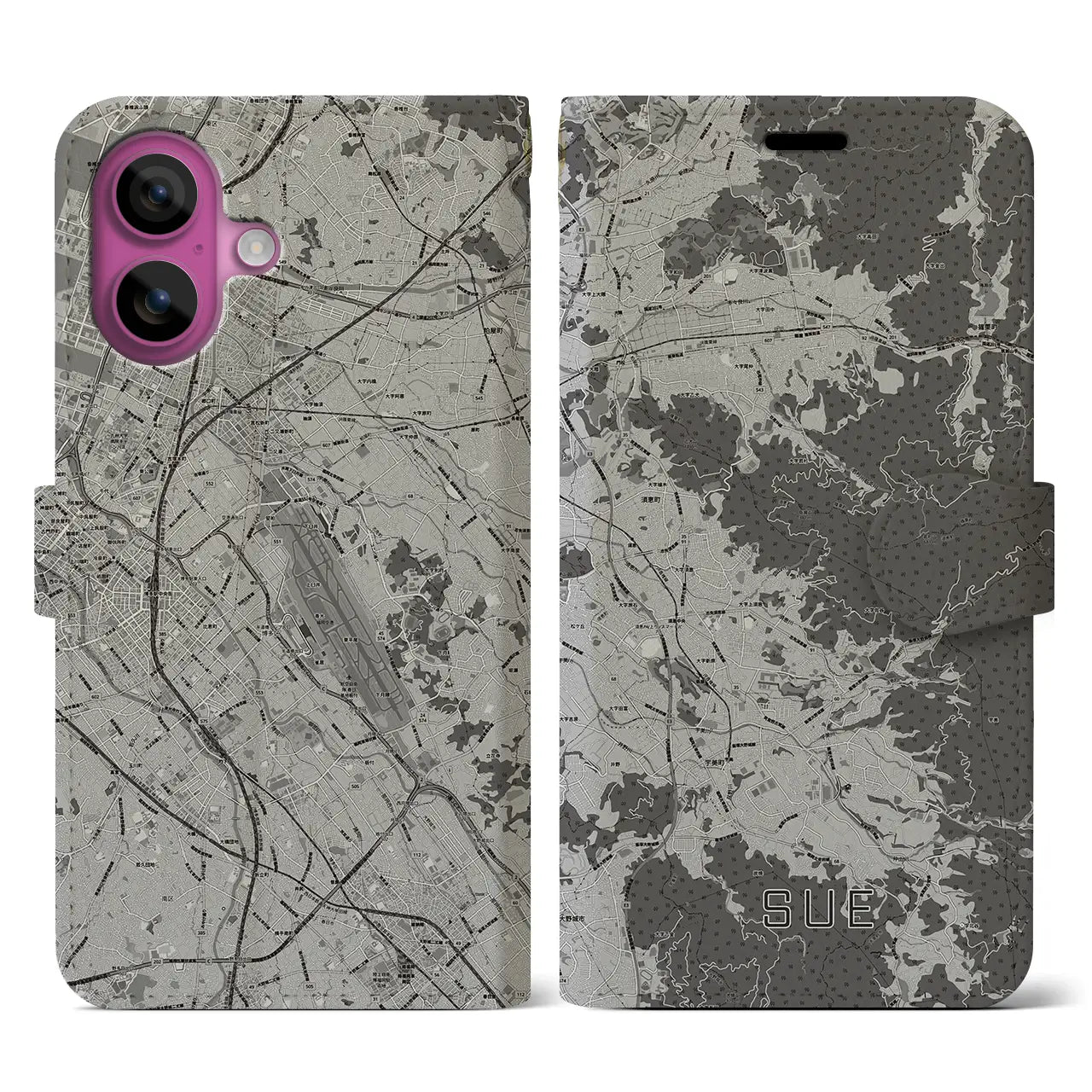 【須恵(福岡県)】地図柄iPhoneケース(手帳タイプ)モノトーン・iPhone 16 Pro 用