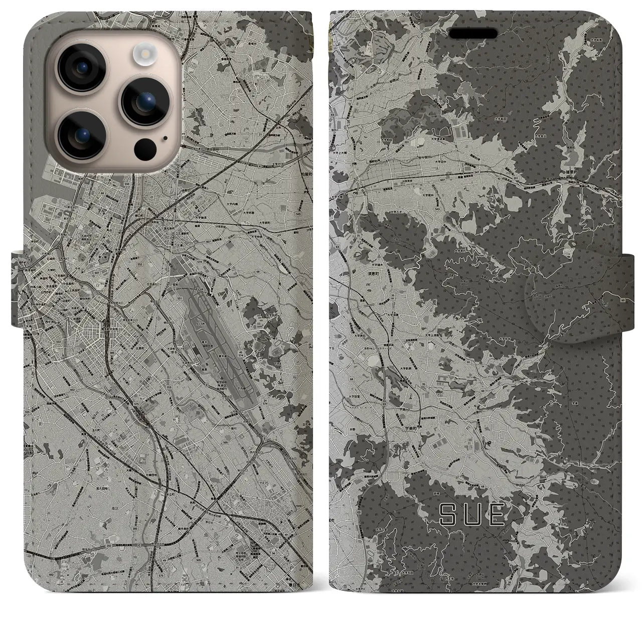 【須恵(福岡県)】地図柄iPhoneケース(手帳タイプ)モノトーン・iPhone 16 Plus 用