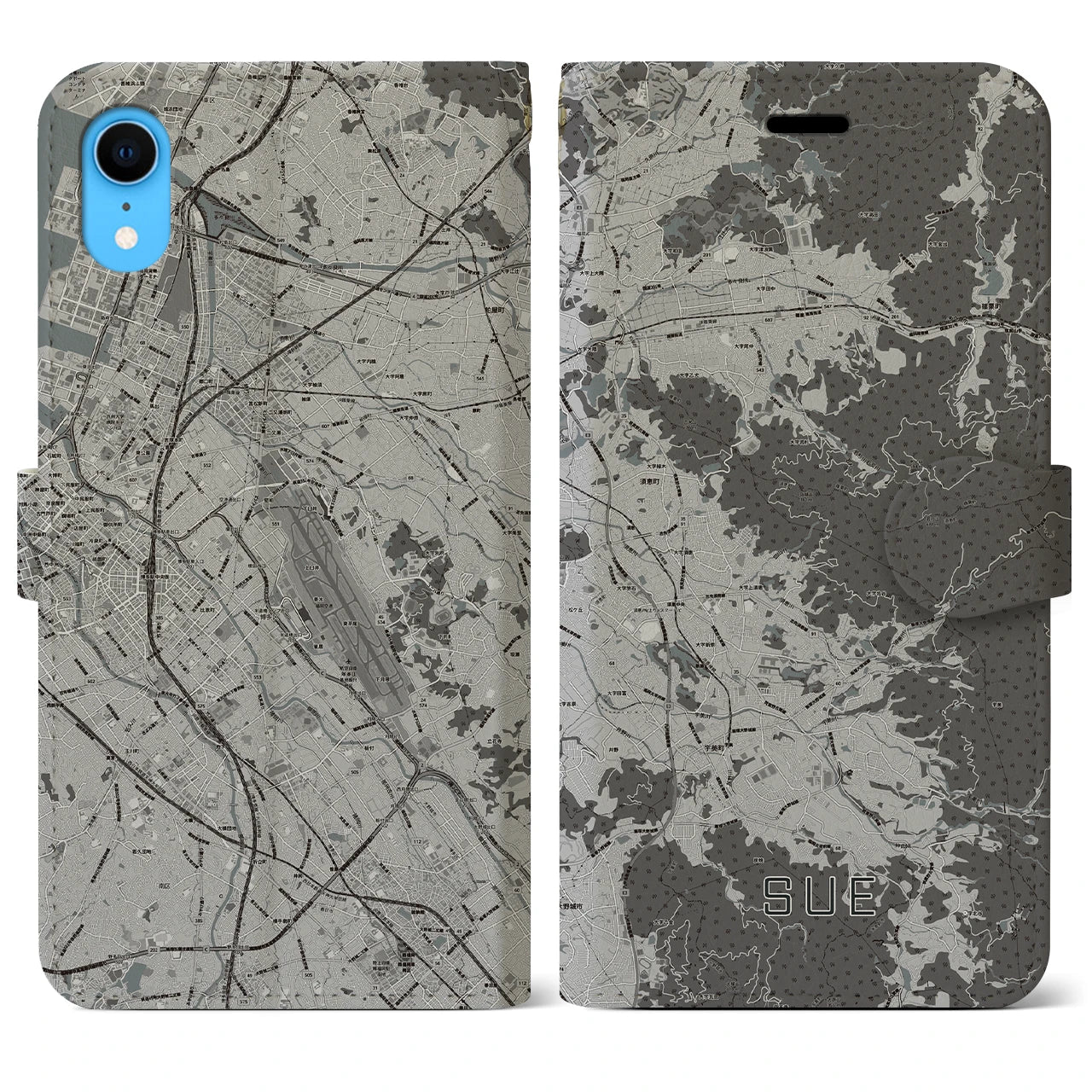【須恵(福岡県)】地図柄iPhoneケース(手帳タイプ)モノトーン・iPhone XR 用