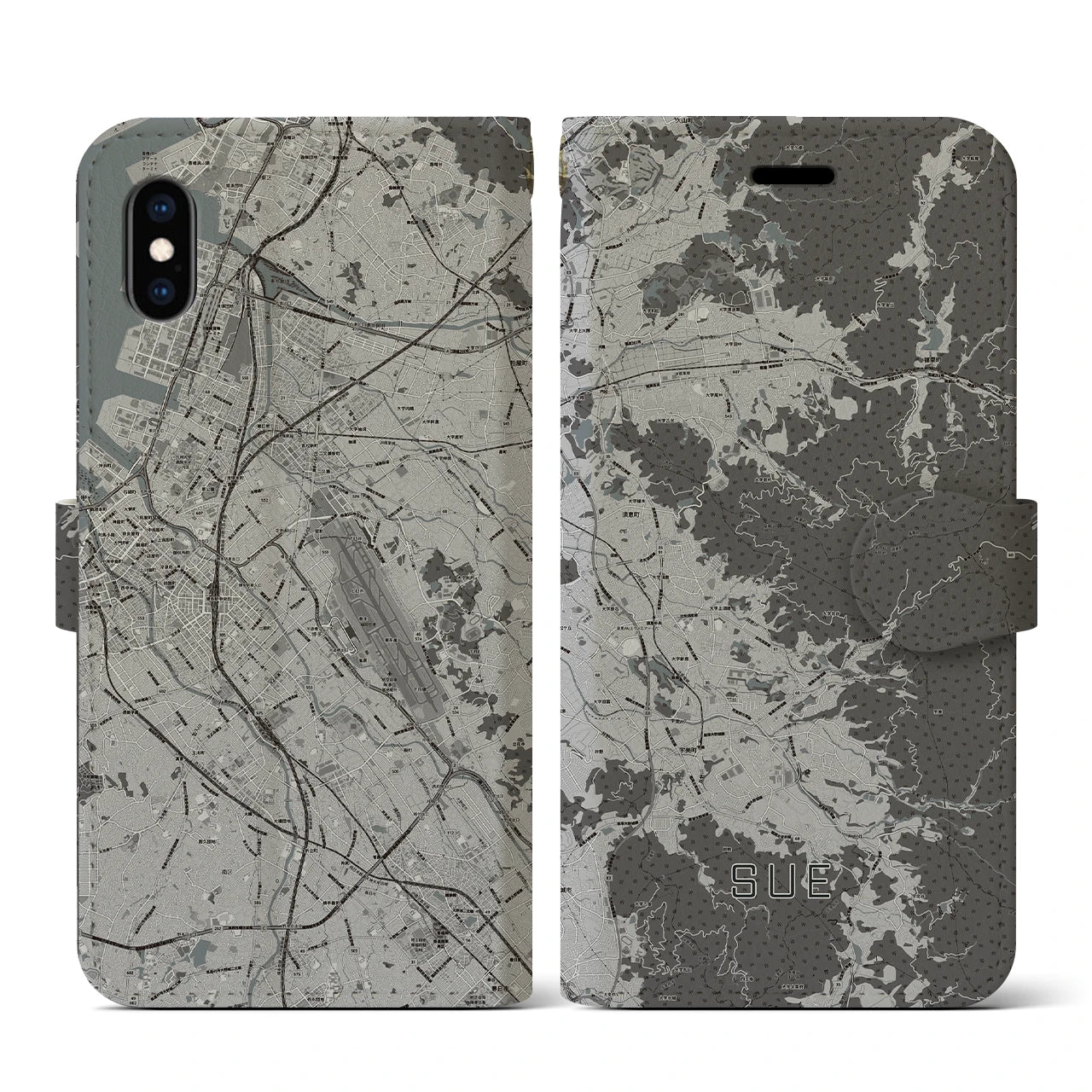 【須恵(福岡県)】地図柄iPhoneケース(手帳タイプ)モノトーン・iPhone XS / X 用