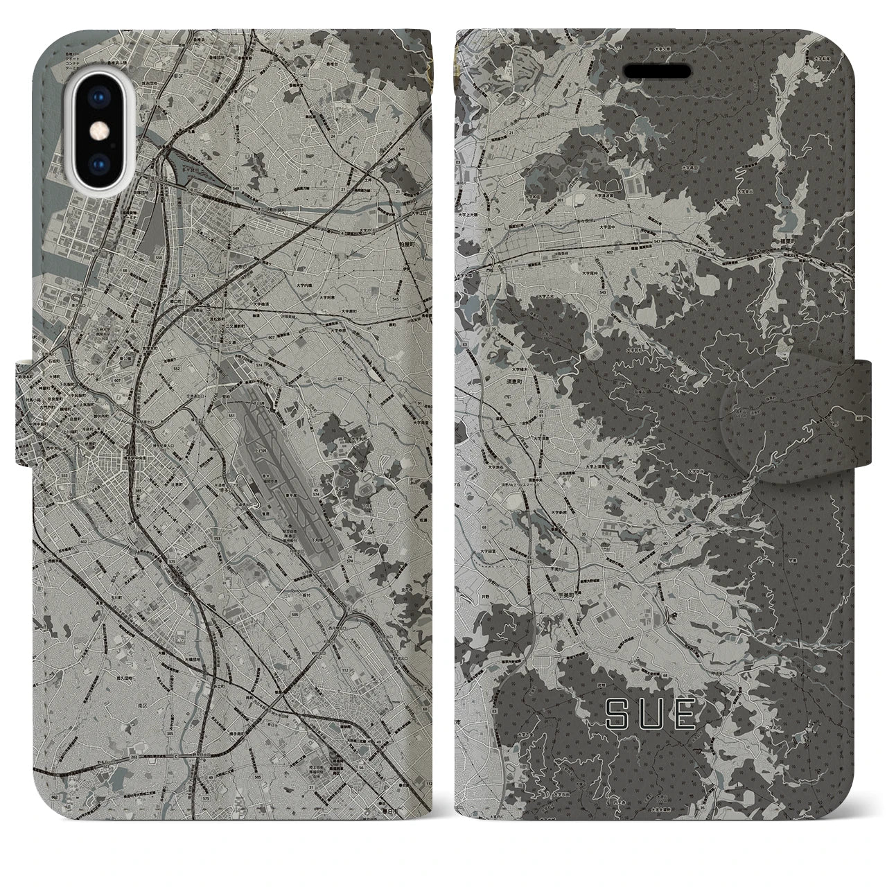 【須恵(福岡県)】地図柄iPhoneケース(手帳タイプ)モノトーン・iPhone XS Max 用