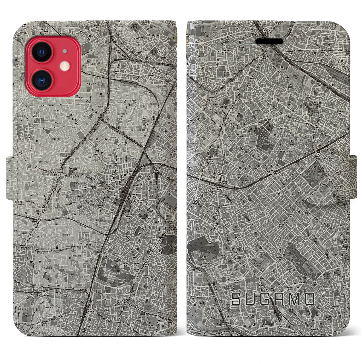 【巣鴨(東京都)】地図柄iPhoneケース(手帳タイプ)モノトーン・iPhone 11 用