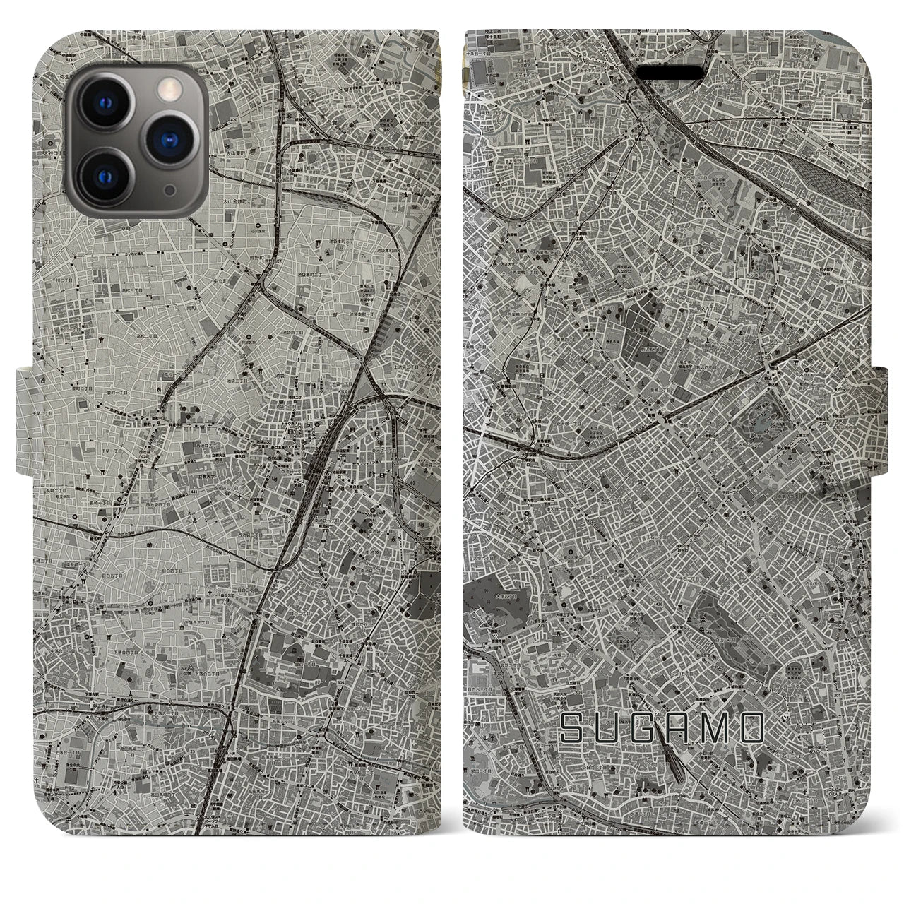 【巣鴨(東京都)】地図柄iPhoneケース(手帳タイプ)モノトーン・iPhone 11 Pro Max 用